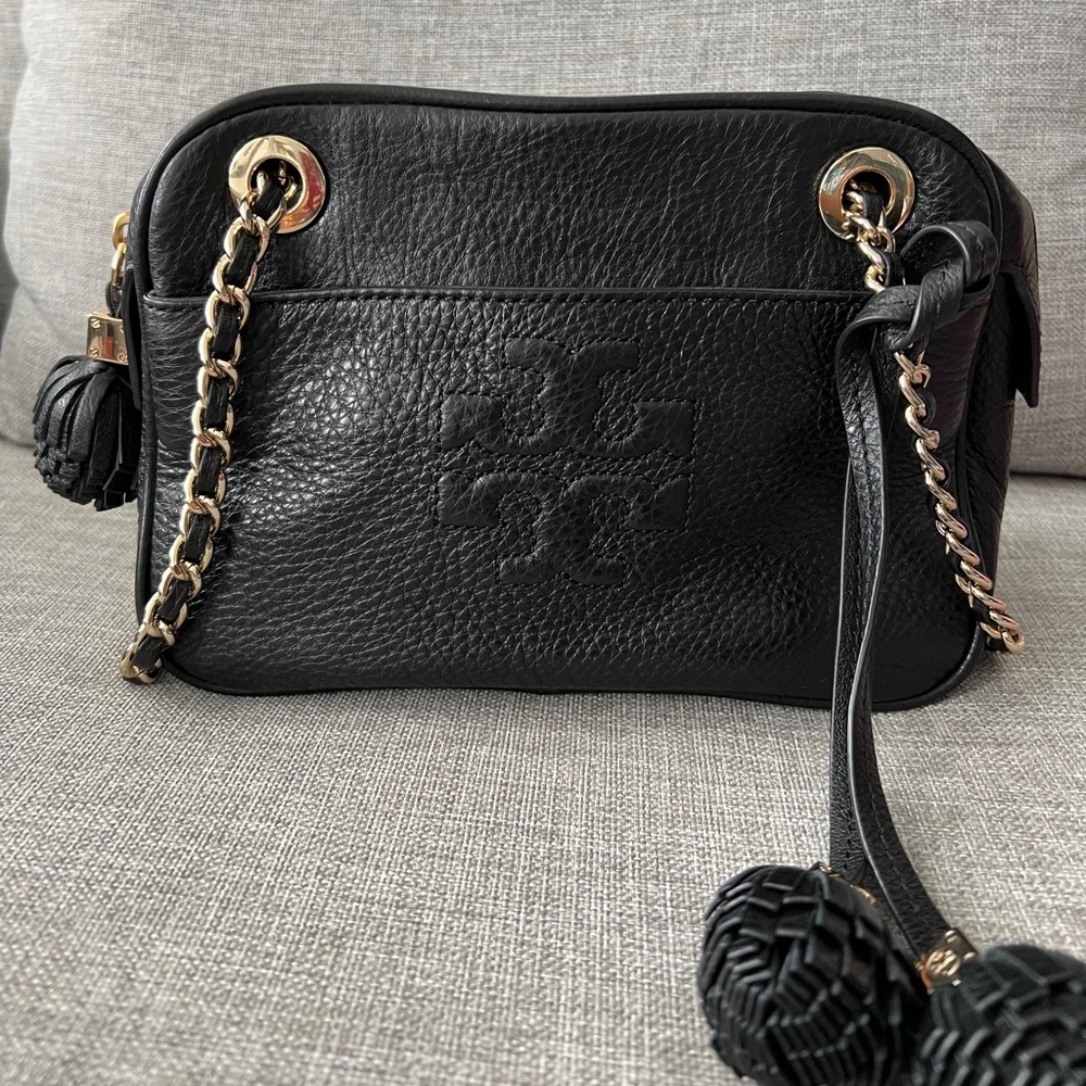 Tory Burch Black Leather Chain Strap Tassel crossbody shoulder handbag